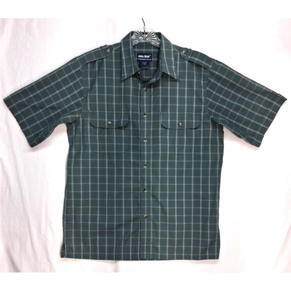 Vintage John Blair Mens Med Green Plaid Button Up Epaulettes Safari Pilot Shirt